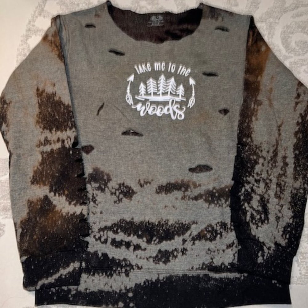 'Take me to the woods' bleached & distressed sweatshirt, size small